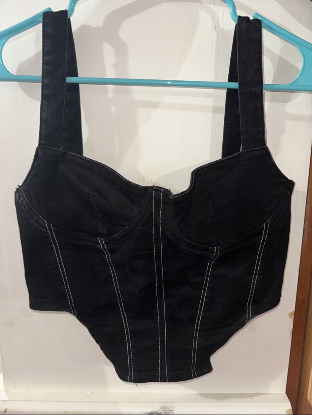 Zara Black Corset-Style Bustier Top with White Stitching